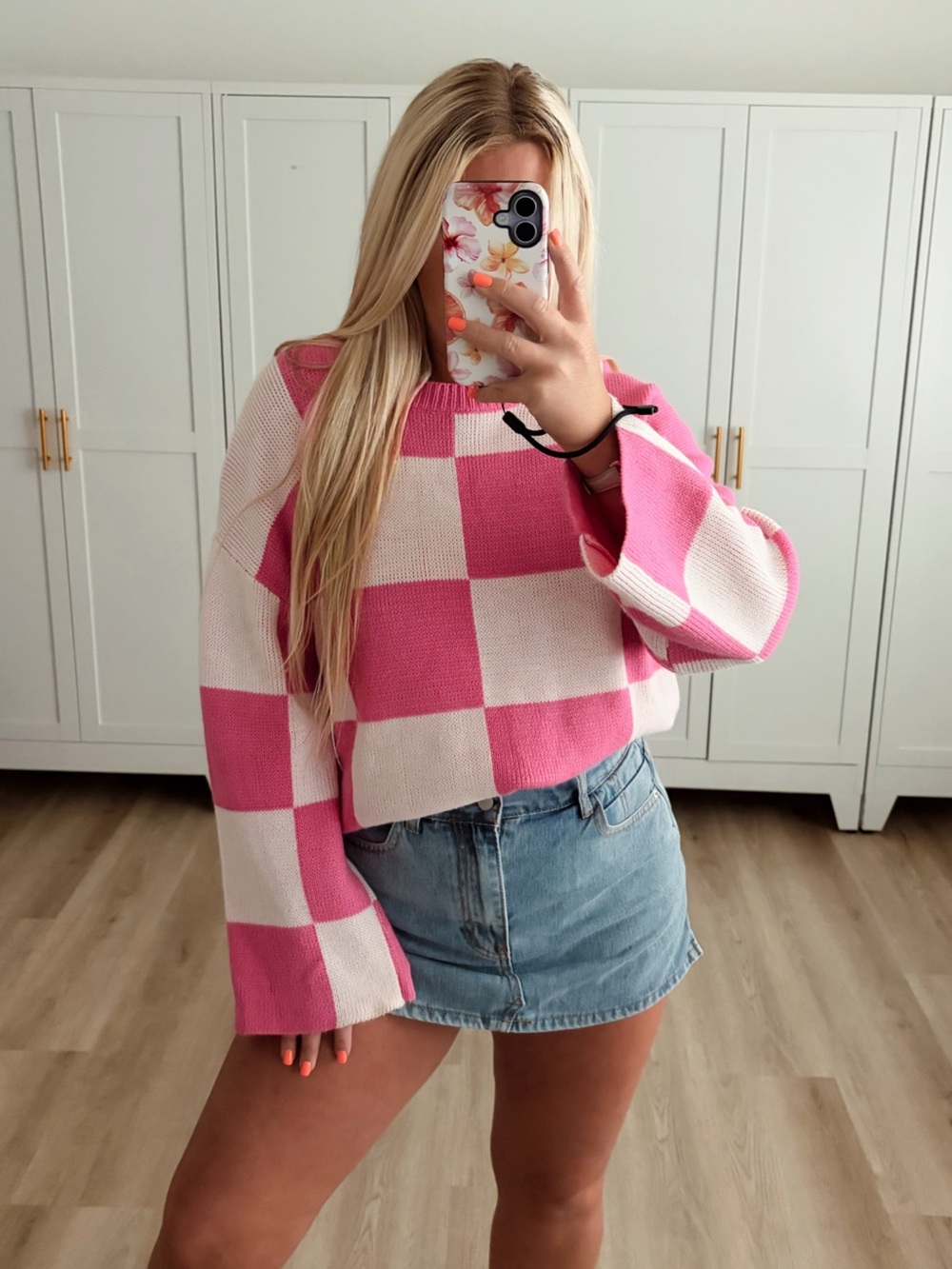 Pink checkered long sleeve sweater